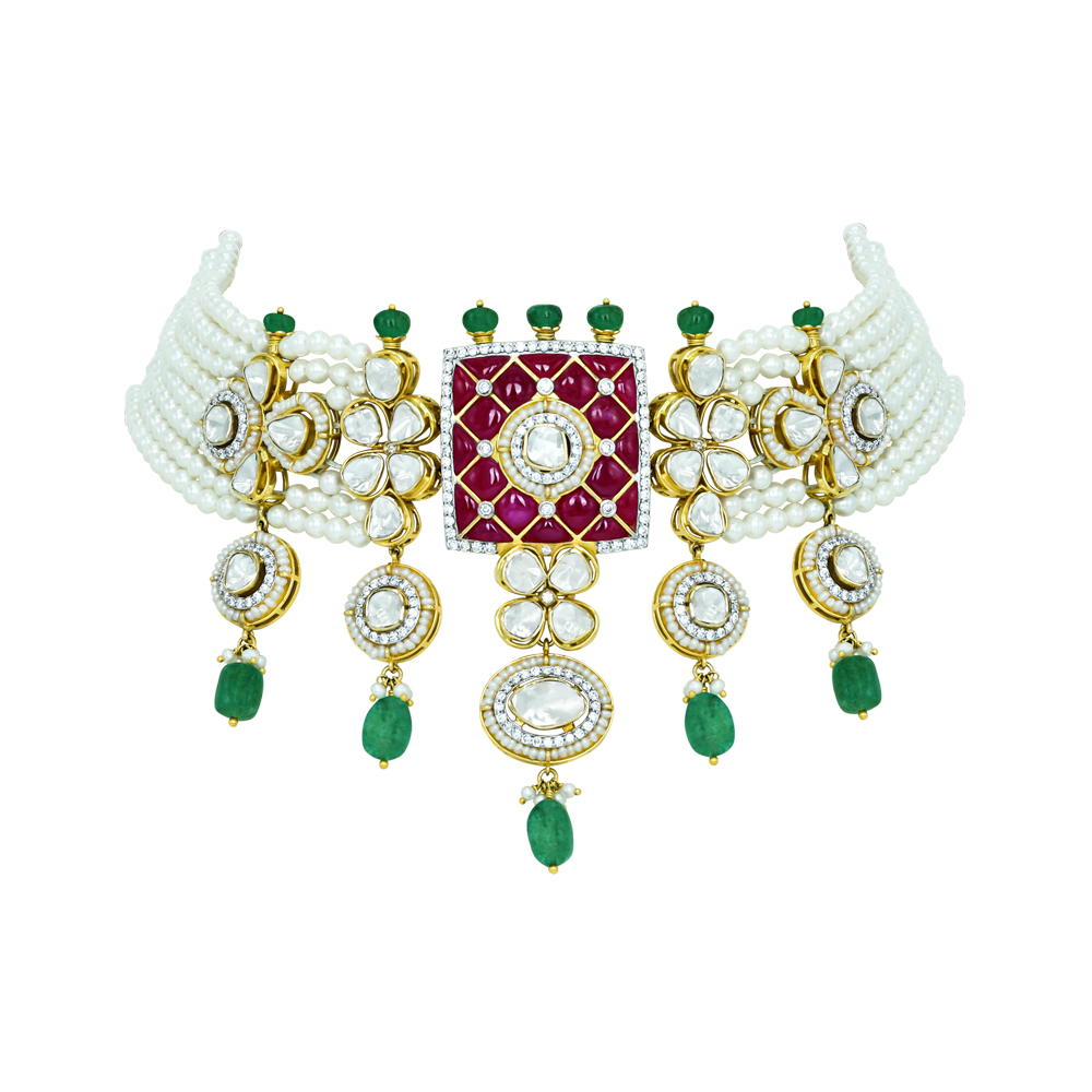Pearl Choker with Ruby Talaf, Polki, and Emerald Drops